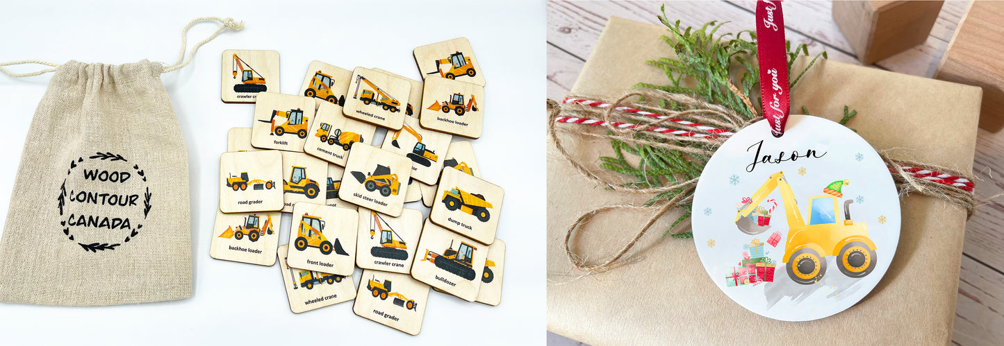 Wooden construction trucks memory game
