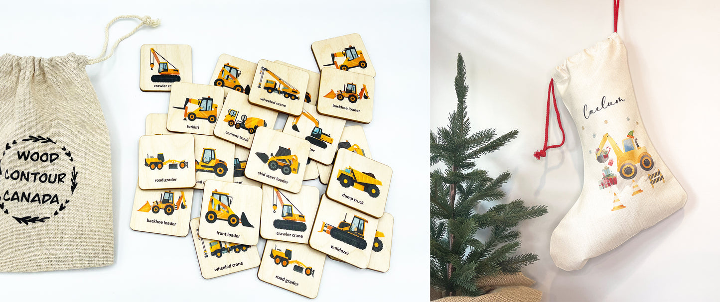 Wooden construction trucks memory game