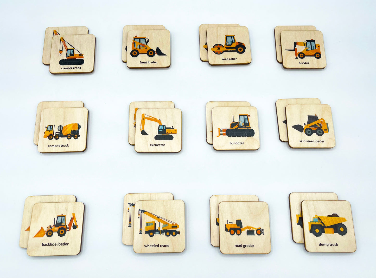 Wooden construction trucks memory game