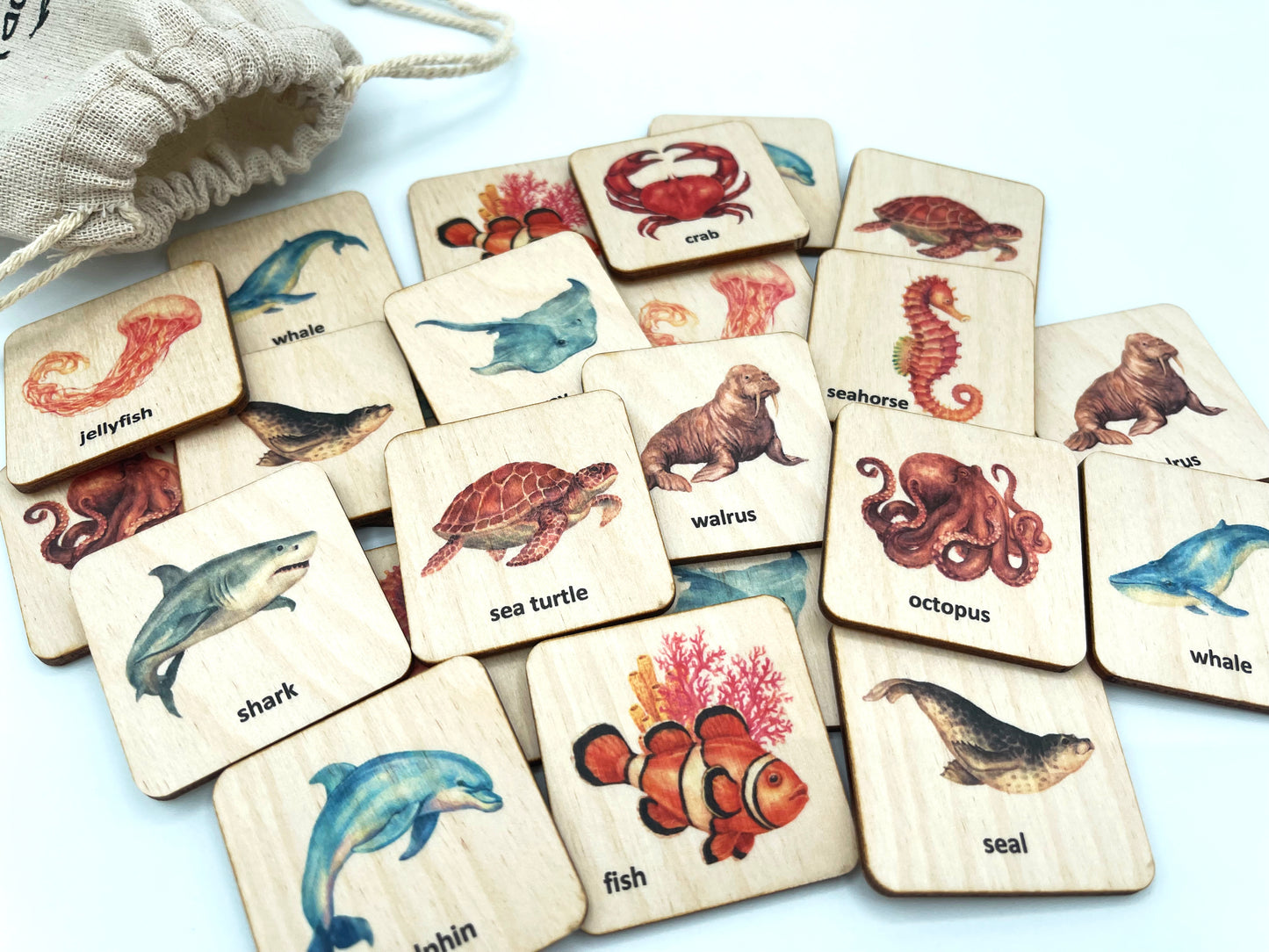 Wooden Ocean Animals memory game