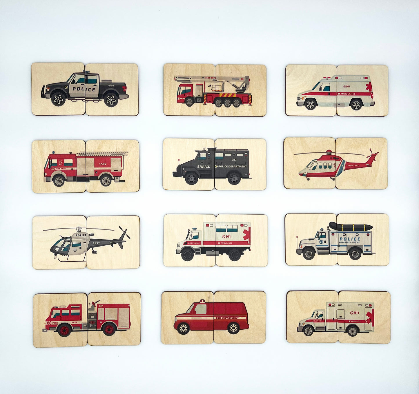 Wooden emergency vehicles matching puzzle