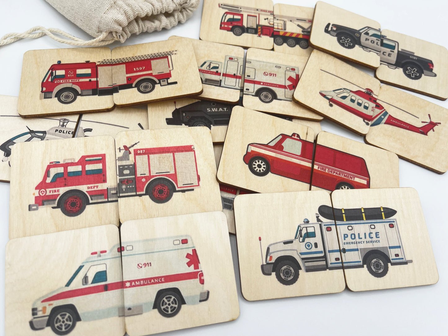 Wooden emergency vehicles matching puzzle