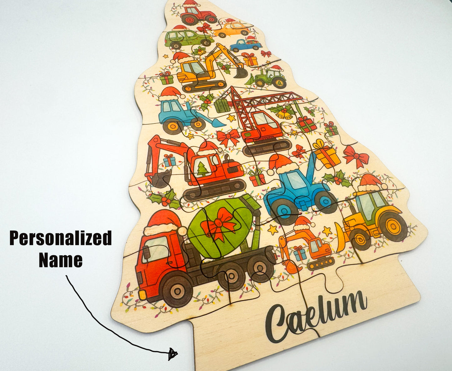 Personalized Christmas Construction Truck Wooden Puzzle