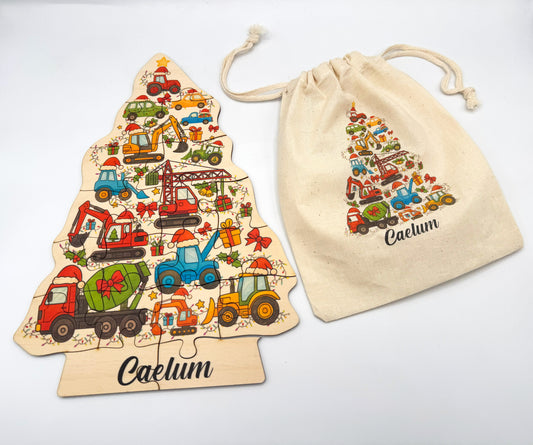 Personalized Christmas Construction Truck Wooden Puzzle