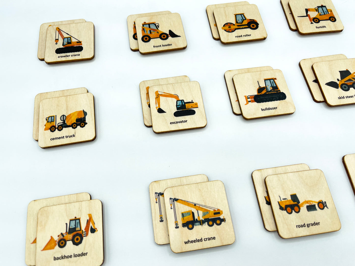 Wooden construction trucks memory game