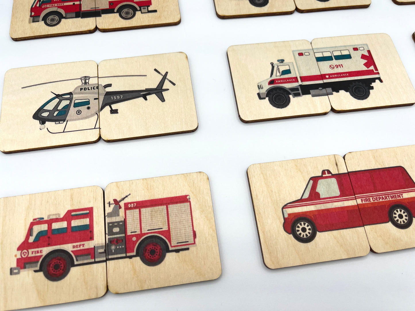 Wooden emergency vehicles matching puzzle